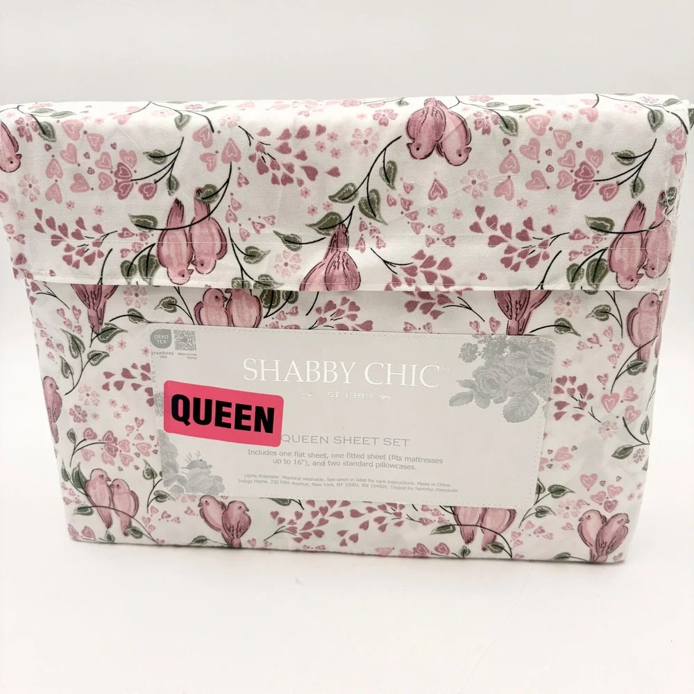 Shabby Chic Queen Sheet Set Pink Lovebirds Hearts Floral White 4 Piece New